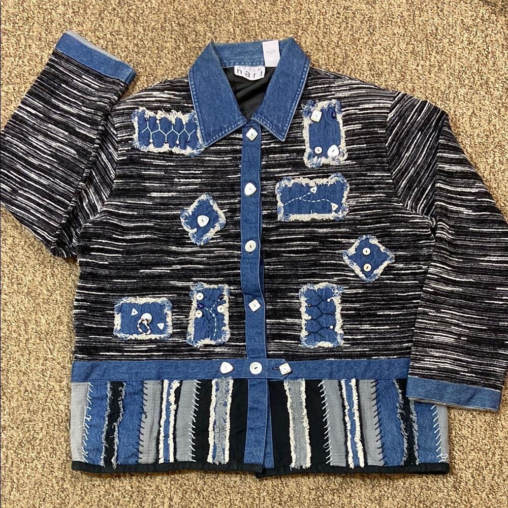 VTG, K.E.R.E.N h a r r Stylish Women’s Patchwork Jacket - Black and Blue Size XL